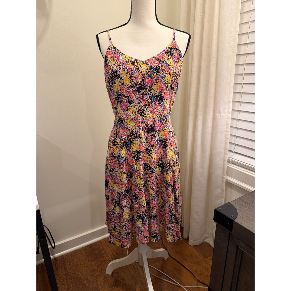 Gap Floral Smocked Back Midi Dress Pink Yellow Blue Abstract V-Neck Medium